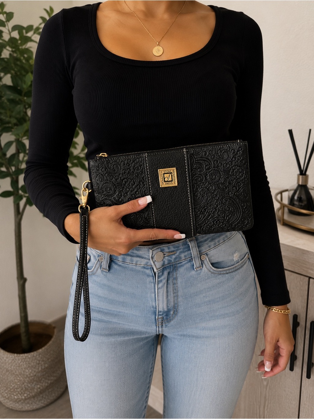 Elegant Black Embossed Wristlet Clutch - Designer Style
